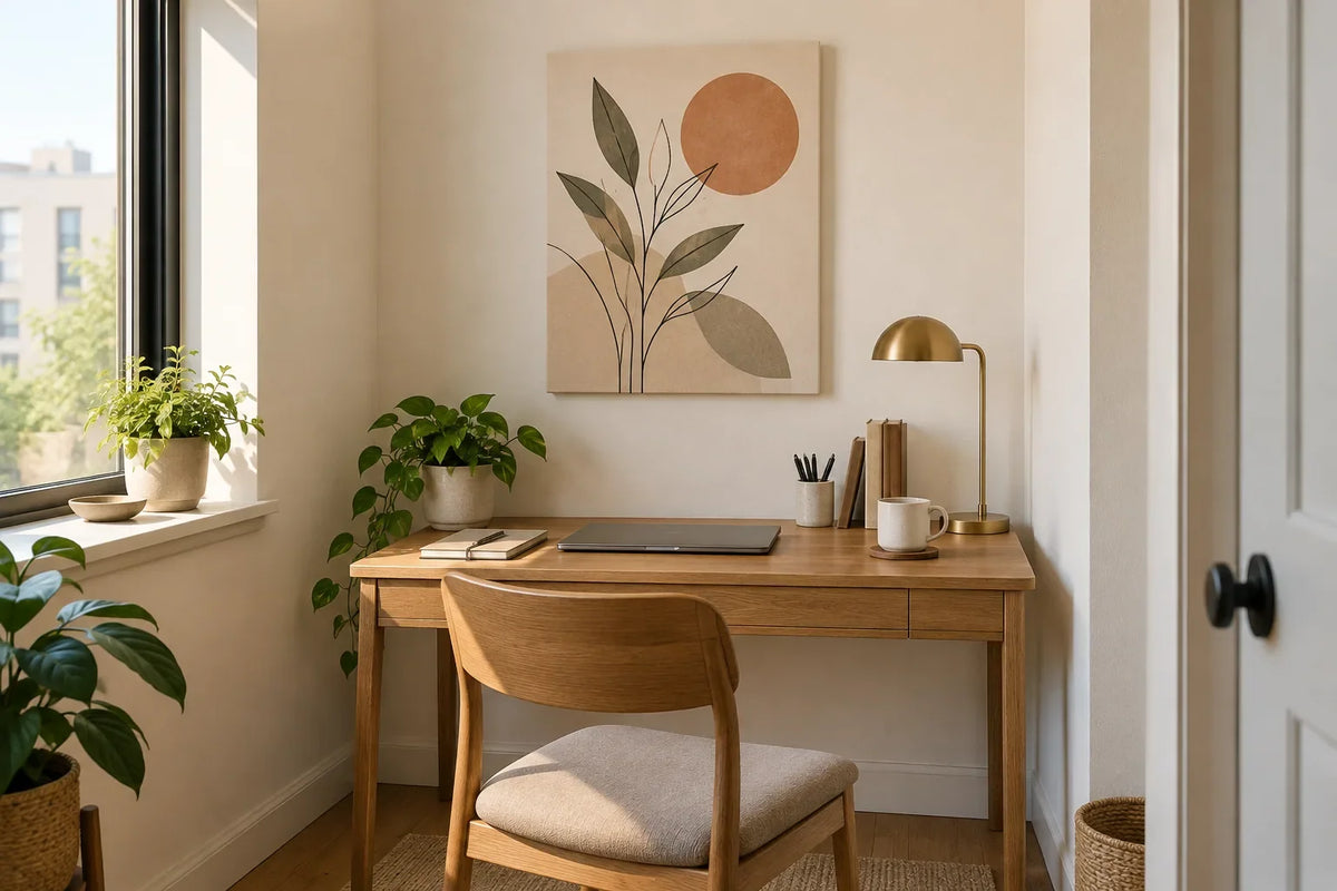 Earthy botanical line-art canvas above a compact apartment office desk in soft daylight