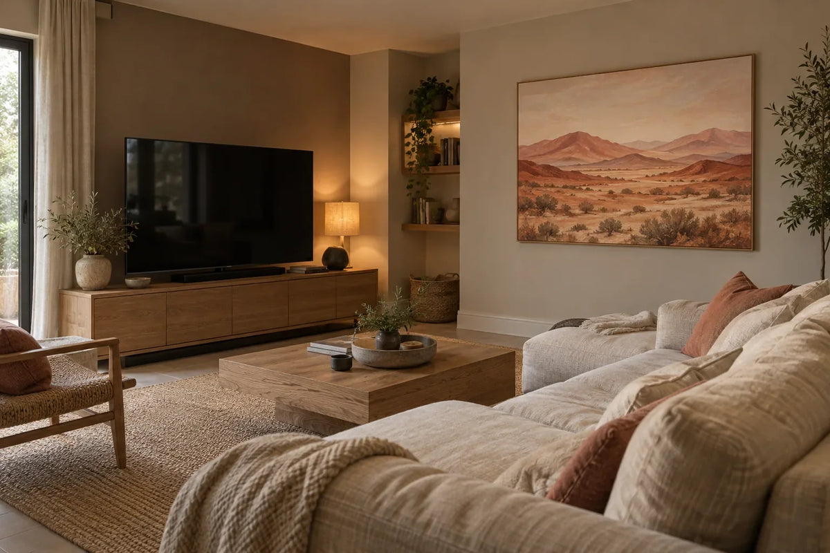 Desert landscape canvas above an oak media console in a warm neutral media room