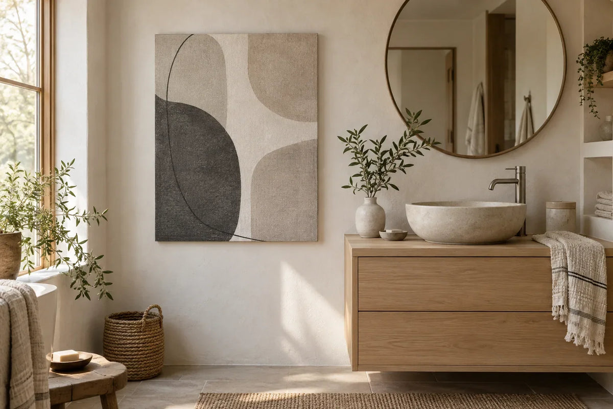 Quiet Japandi bathroom with a charcoal and sand abstract canvas above a pale oak vanity