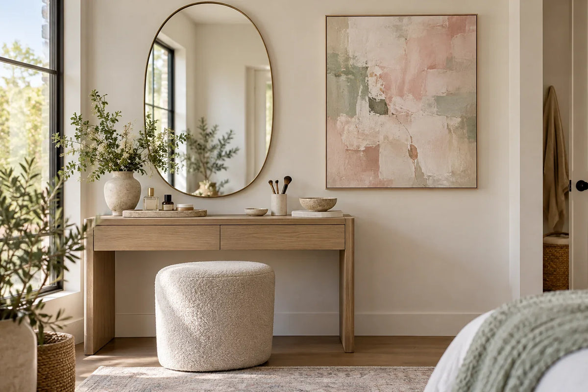 Pastel abstract canvas beside an oval mirror above a pale oak vanity in a softly lit dressing room