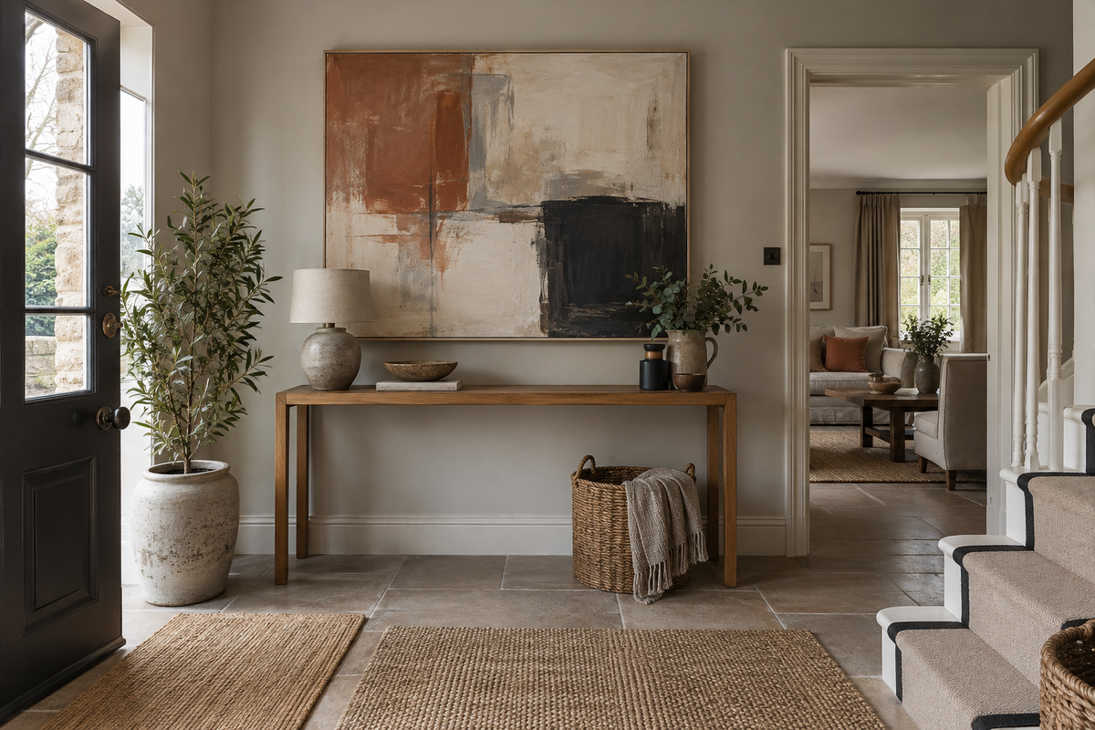 Large abstract canvas above an oak console in a softly lit entryway.