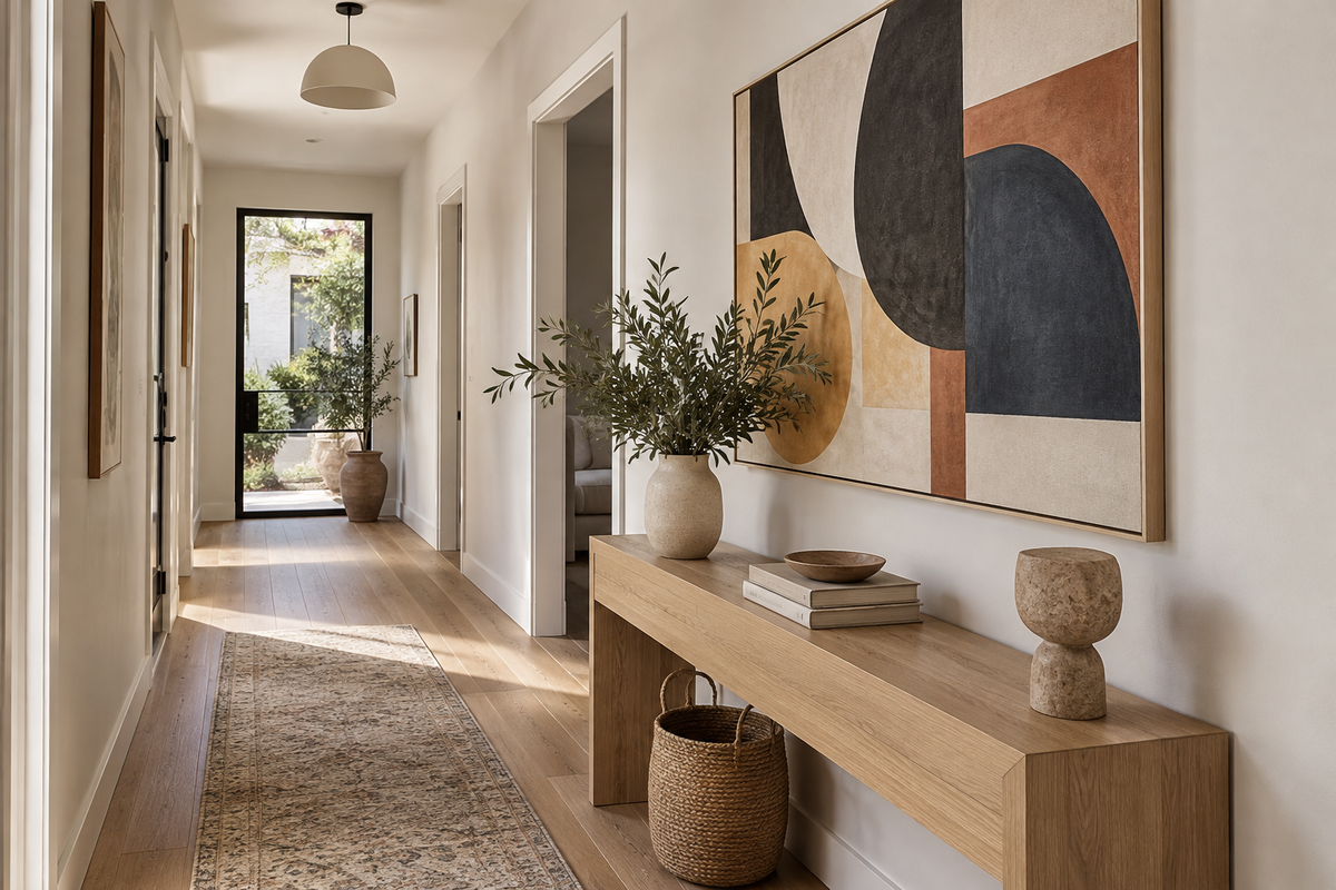 Illustrative bright hallway with an oversized geometric canvas above a pale oak console.