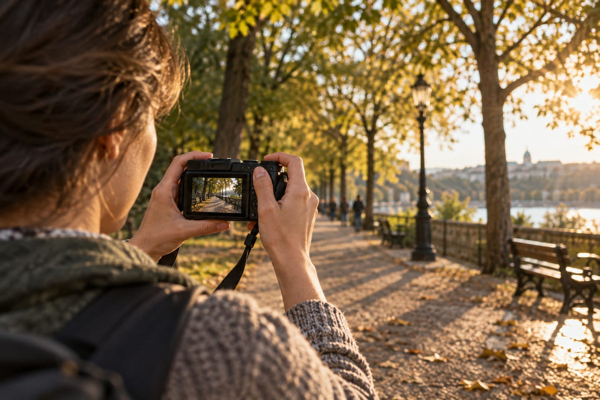 A beginner photographs a tree-lined park path in warm late-afternoon light.