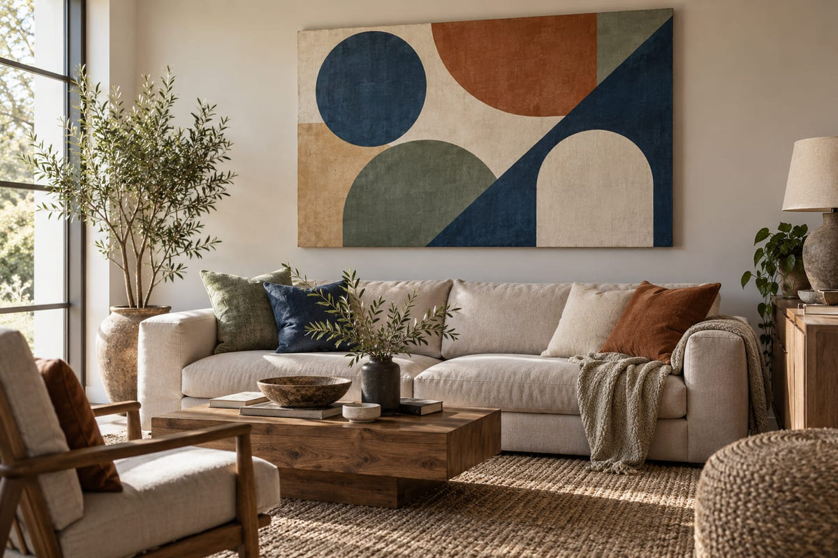 A calm living room with a large geometric canvas above a neutral sofa.