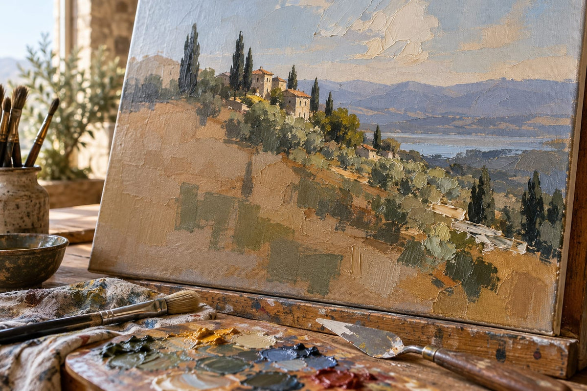 A close view of layered oil paint on canvas, showing broad first shapes and a few later accents.