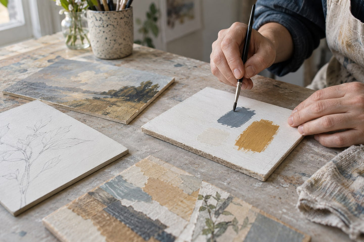 An artist tests a small brushstroke on a primed panel beside other material samples.