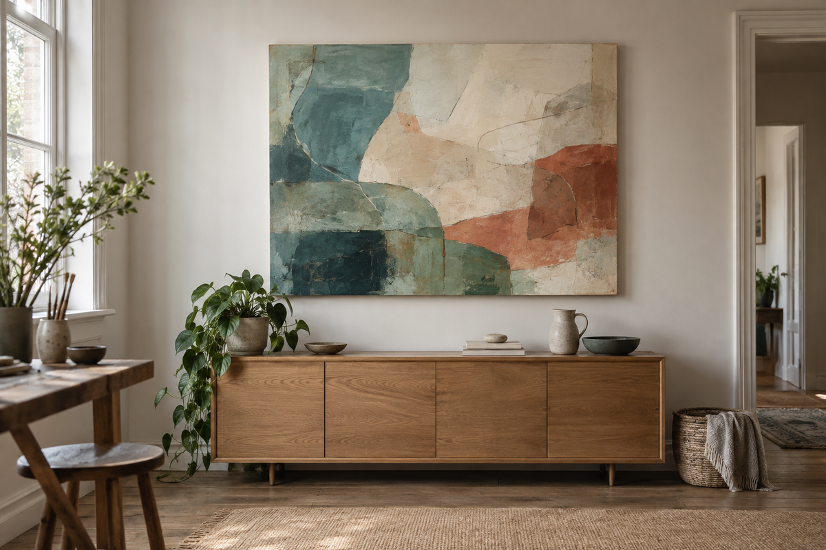 AI-generated illustration of abstract canvas art displayed above a wood console in a calm, neutral living room.