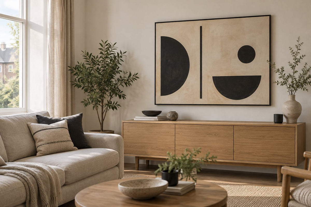 Warm living room with framed beige and black abstract art above a light sofa