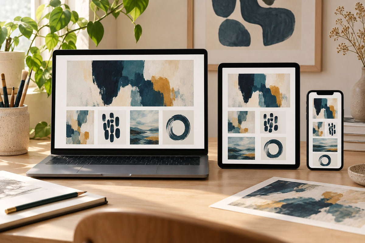 The same abstract art portfolio appears on a laptop, tablet and phone.