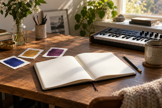 An open blank notebook beside cobalt, gold, and plum colour swatches, a pencil, and a small keyboard in morning light.