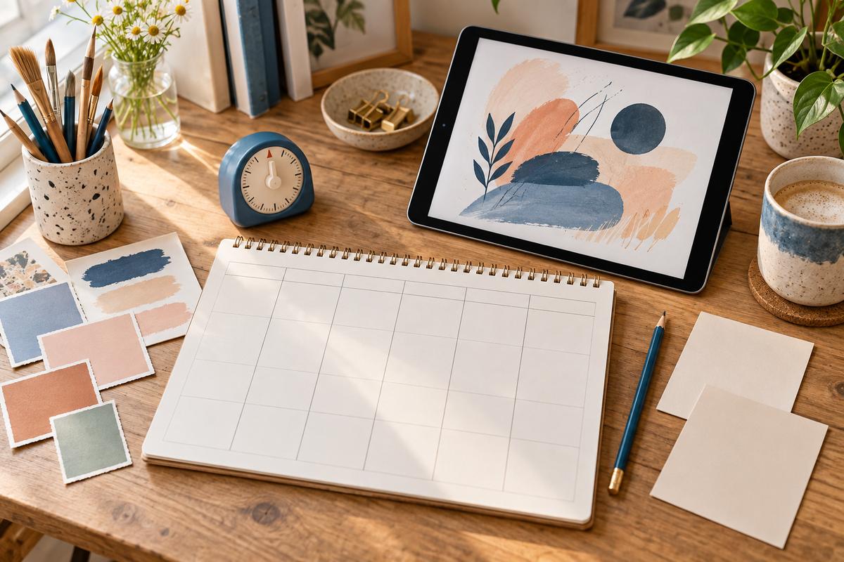 A blank weekly planner beside a tablet showing an abstract illustration and colour swatches.
