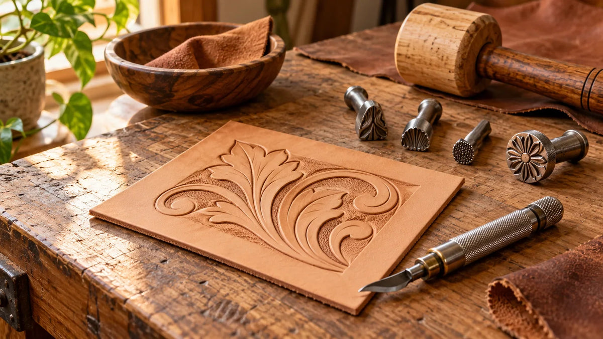 Carved vegetable-tanned leather practice panel with a swivel knife, stamps and mallet on a wooden workbench