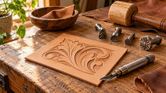 Carved vegetable-tanned leather practice panel with a swivel knife, stamps and mallet on a wooden workbench