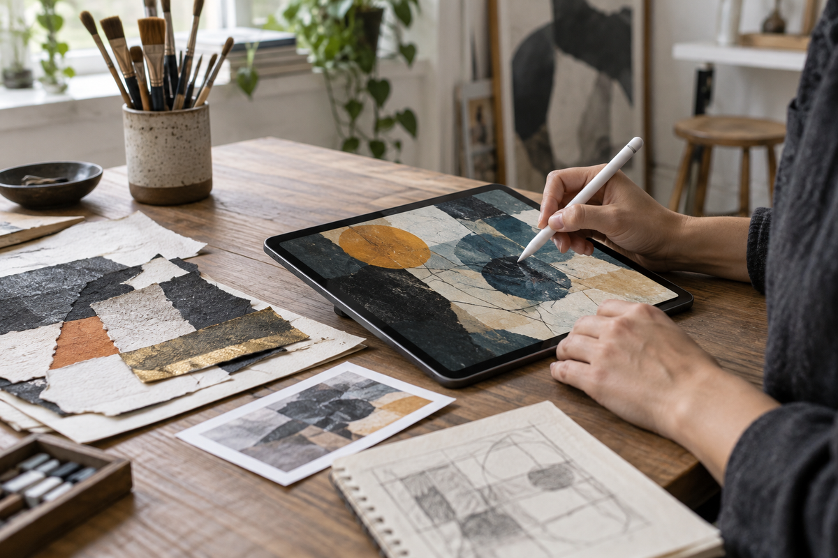 Artist's hands using a stylus on an abstract tablet artwork with paper collage and sketches