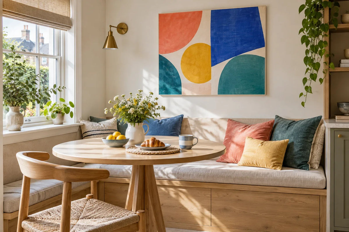 Illustrative breakfast nook with colourful abstract canvas art above a built-in bench and round table.