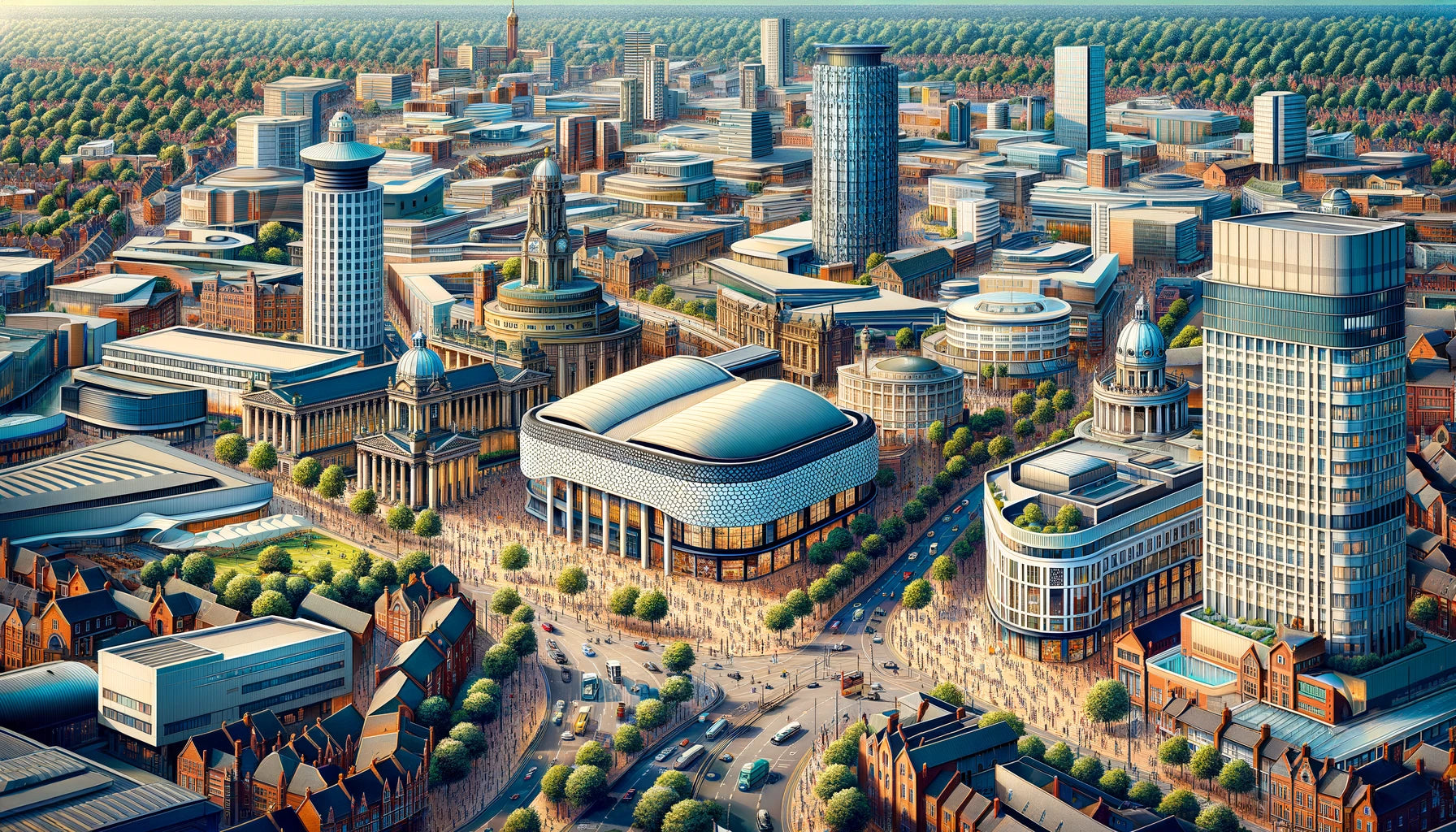 Detailed view of Birmingham, UK, showcasing its modern skyline with iconic buildings like the Bullring and Grand Central shopping centers. 