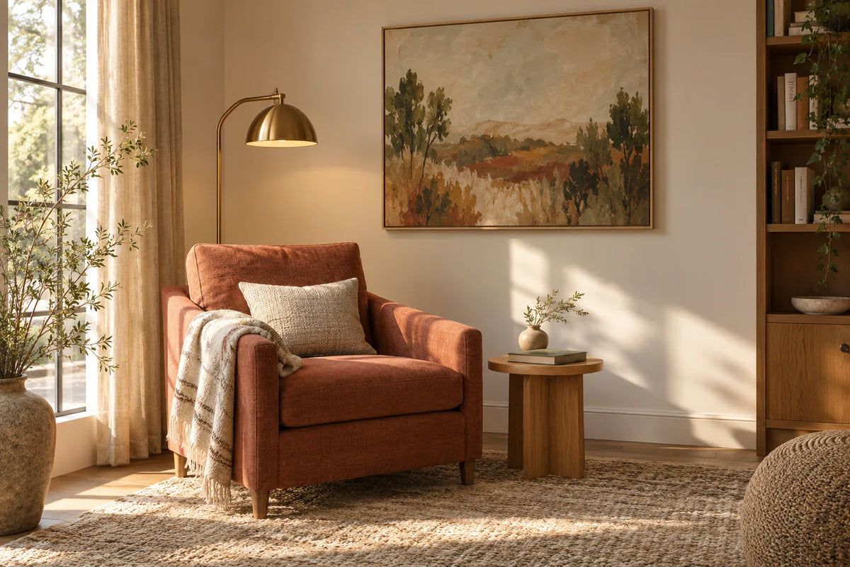 Earth-tone canvas above a terracotta reading chair with an oak side table and warm lamp