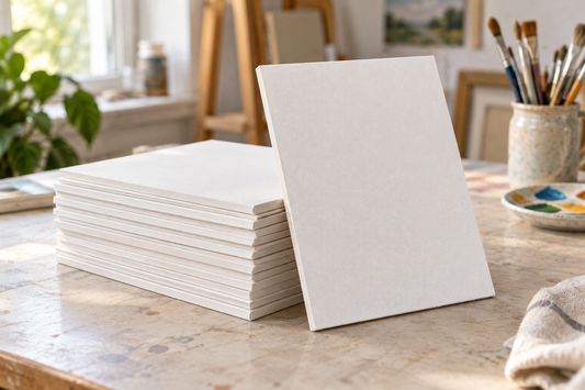 AI-generated illustration of blank canvas boards stacked on an artist’s table; not a photo of the ESRICH pack.