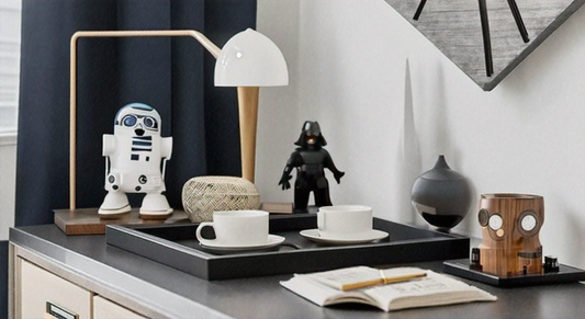 White R2-D2 and black Darth Vader figures stand on a black tray with two white teacups on saucers, atop a gray desk.