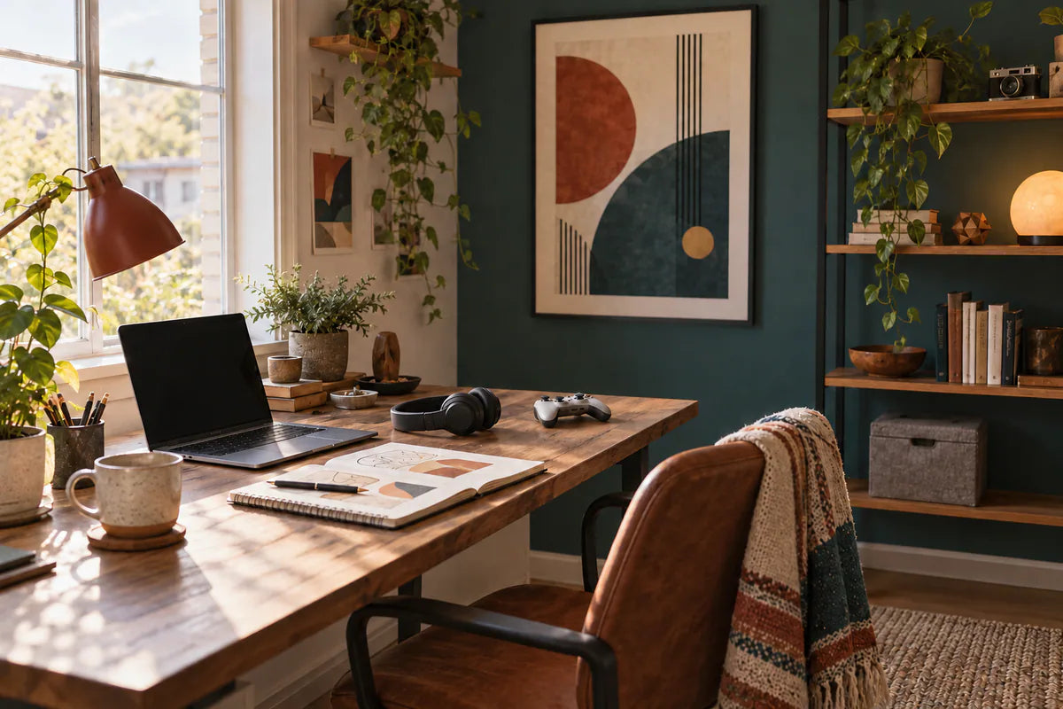 Creative home office with original geometric abstract art, a sketchbook, headphones and a game controller.