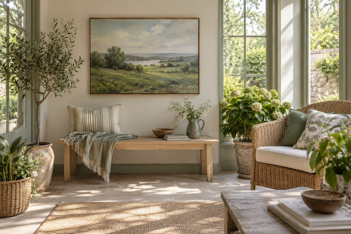 Illustrative sunroom corner with a green landscape canvas above a pale timber bench, woven chair and leafy plants.