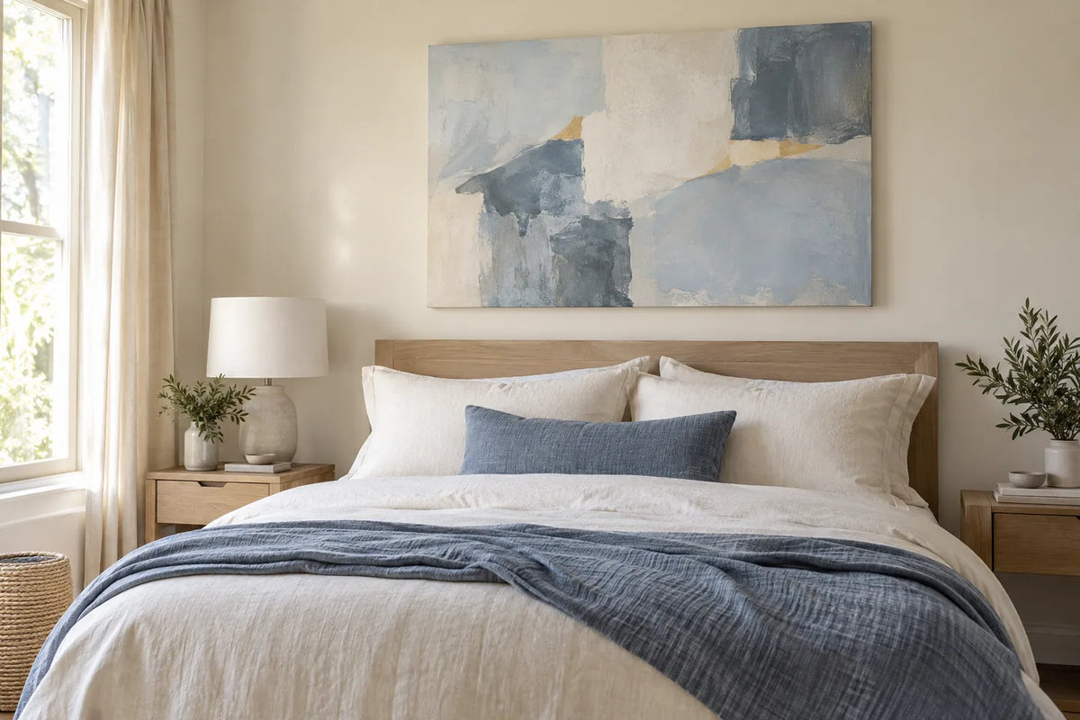 Soft blue and cream abstract canvas above a pale oak bed with ivory bedding and a muted blue throw.