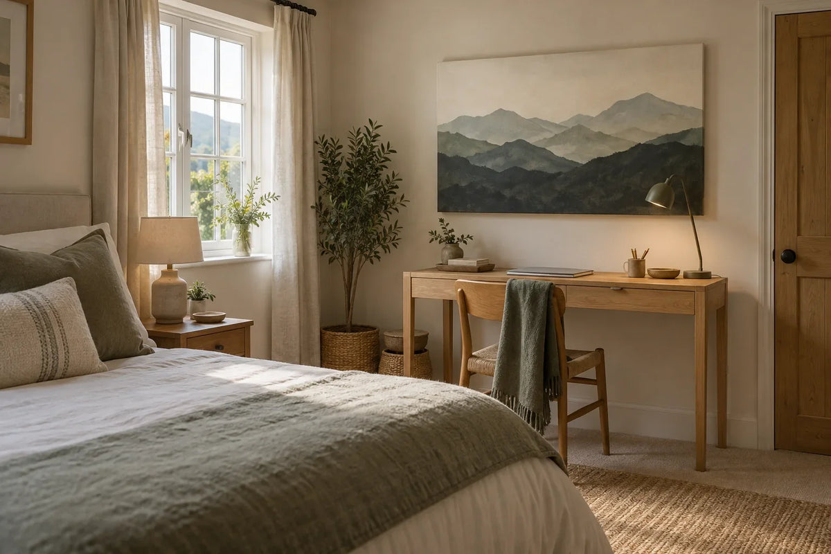 A quiet guest bedroom workspace with a slim oak desk and a muted mountain canvas centred above it.