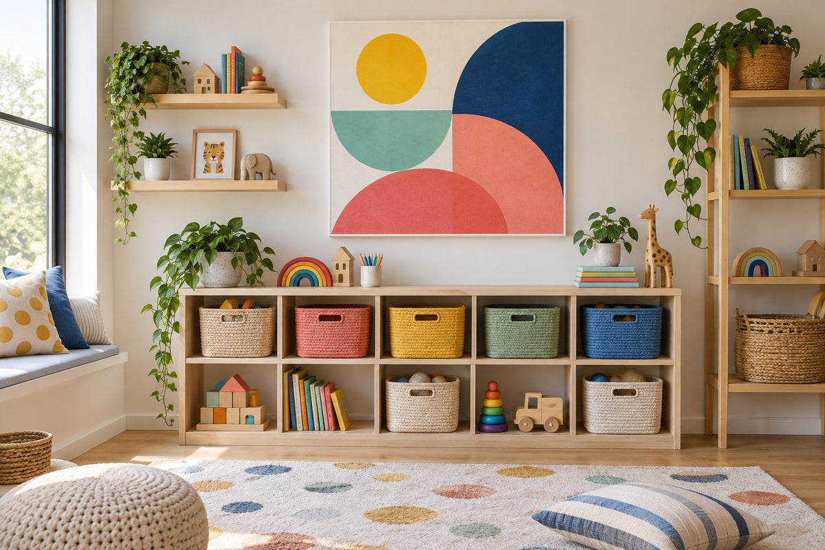 Illustrative playroom with colourful geometric canvas art above tidy cubbies and baskets.