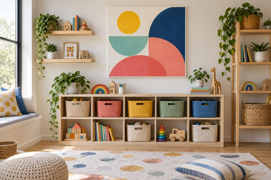 Illustrative playroom with colourful geometric canvas art above tidy cubbies and baskets.