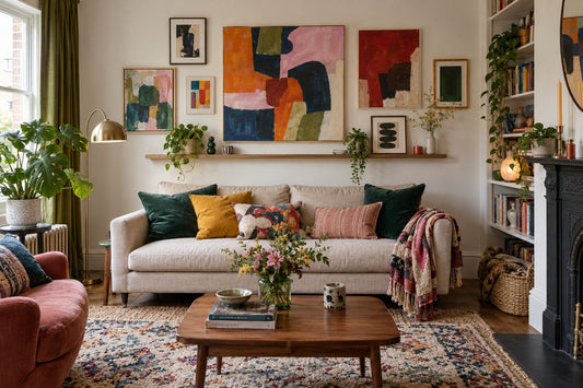 Illustrative rented living room with a colourful canvas gallery above a sofa and slim picture ledge.