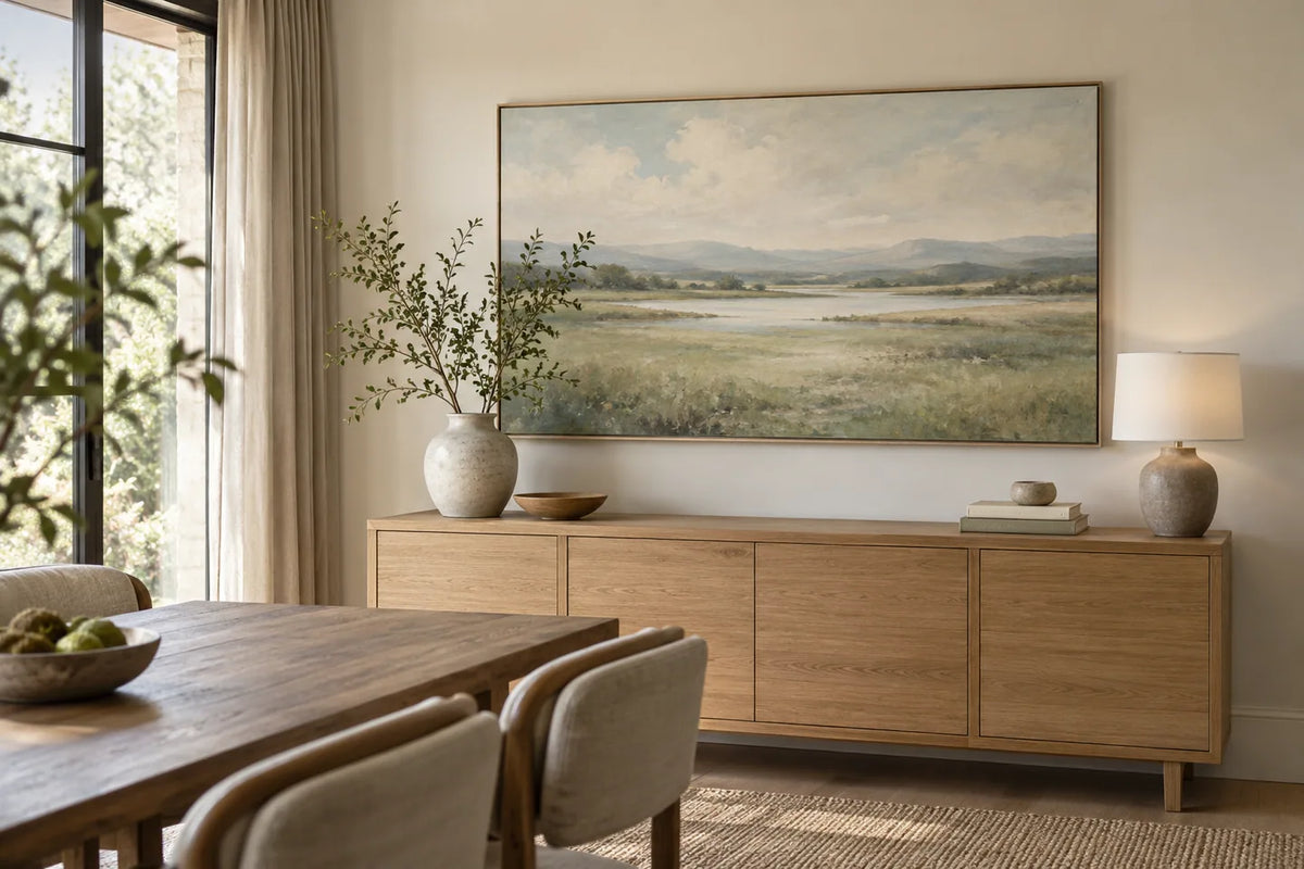 Muted landscape canvas above an oak sideboard, styled with warm neutral accents