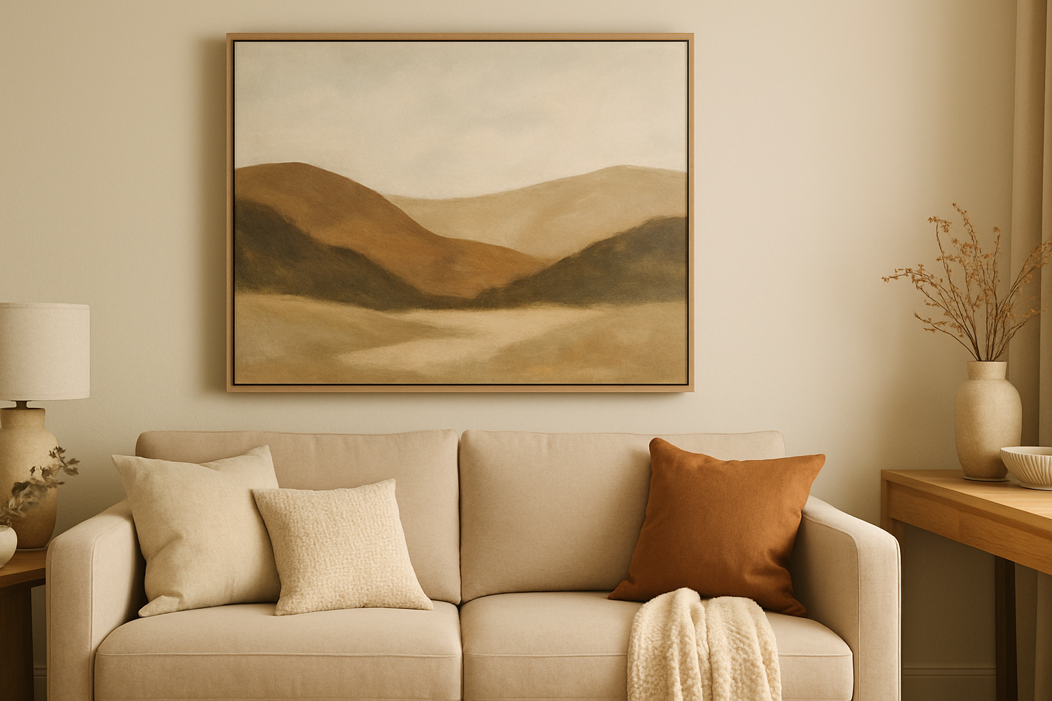 Canvas wall art above a sofa in a warm modern living room.
