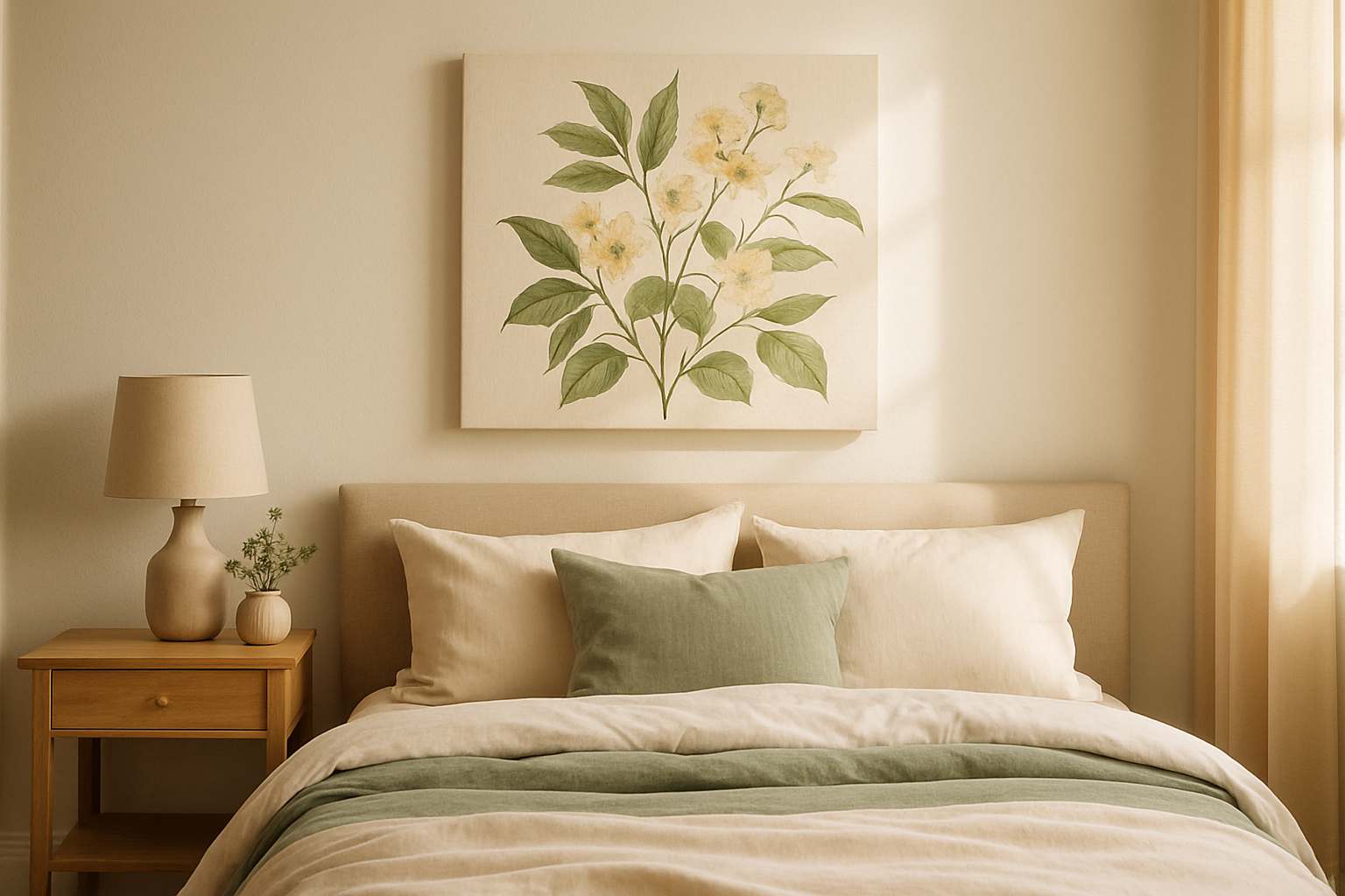 Botanical canvas print with soft green leaves above a neatly styled bed in a calm, beige bedroom