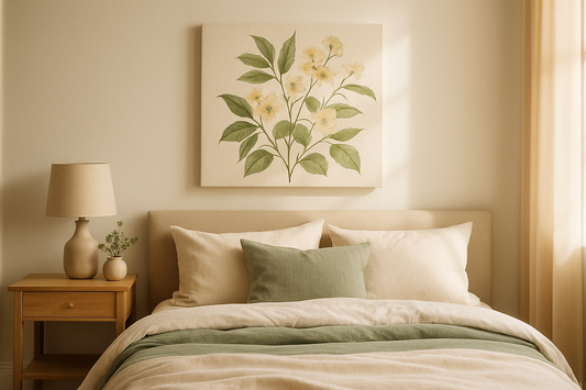 Botanical canvas print with soft green leaves above a neatly styled bed in a calm, beige bedroom