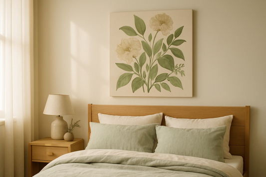 Botanical abstract canvas with soft flowers in a warm, welcoming entryway with sofa and lamp