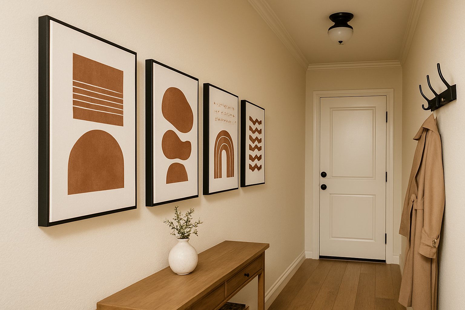 Botanical abstract canvas with soft flowers in a warm, welcoming entryway with sofa and lamp
