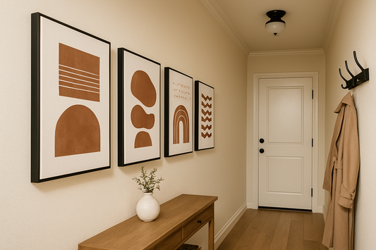 Botanical abstract canvas with soft flowers in a warm, welcoming entryway with sofa and lamp