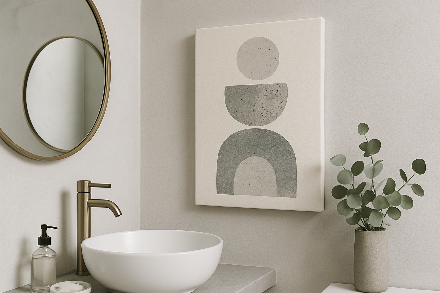 Botanical abstract canvas with soft flowers in a warm, welcoming entryway with sofa and lamp