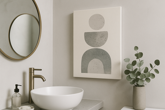 Botanical abstract canvas with soft flowers in a warm, welcoming entryway with sofa and lamp