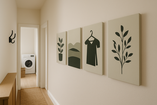 Botanical abstract canvas with soft flowers in a warm, welcoming entryway with sofa and lamp