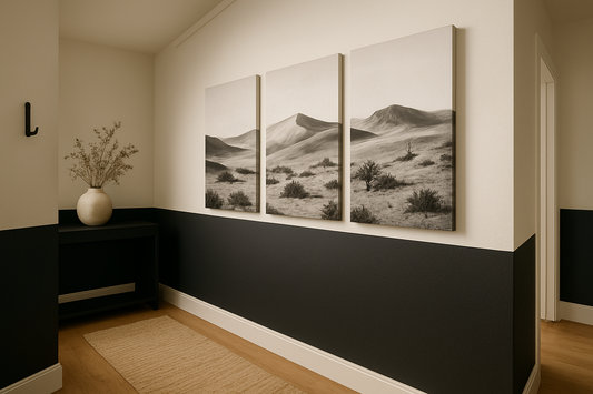 Botanical abstract canvas with soft flowers in a warm, welcoming entryway with sofa and lamp