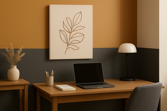 Botanical abstract canvas with soft flowers in a warm, welcoming entryway with sofa and lamp
