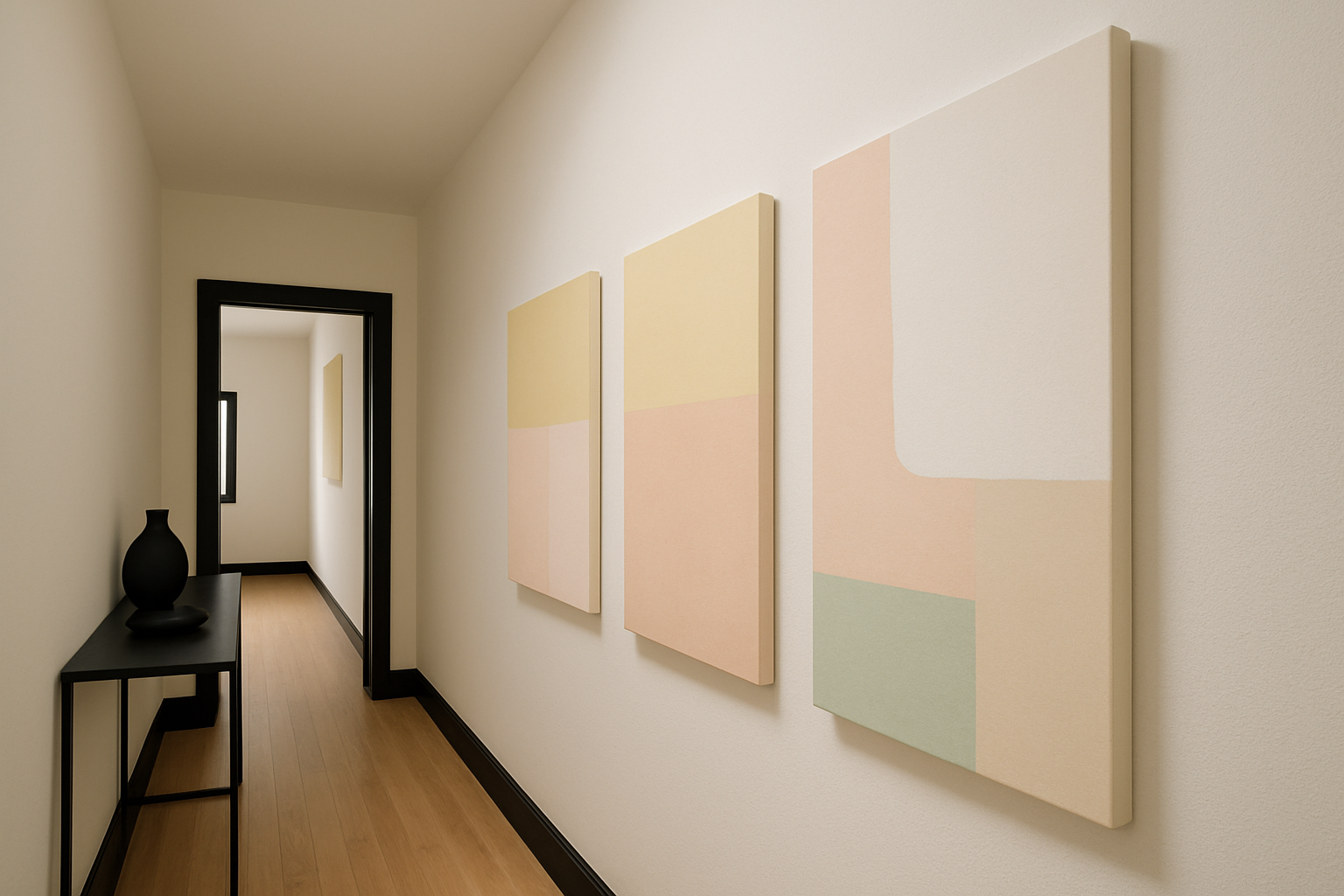 Botanical abstract canvas with soft flowers in a warm, welcoming entryway with sofa and lamp