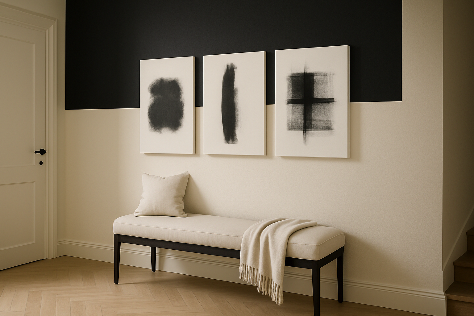 Botanical abstract canvas with soft flowers in a warm, welcoming entryway with sofa and lamp