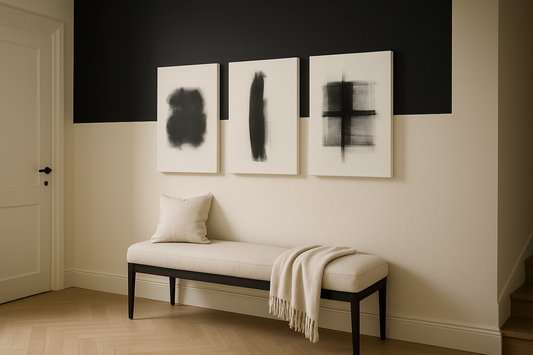Botanical abstract canvas with soft flowers in a warm, welcoming entryway with sofa and lamp