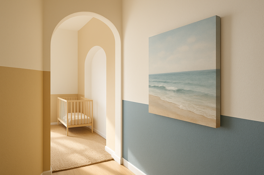 Botanical abstract canvas with soft flowers in a warm, welcoming entryway with sofa and lamp