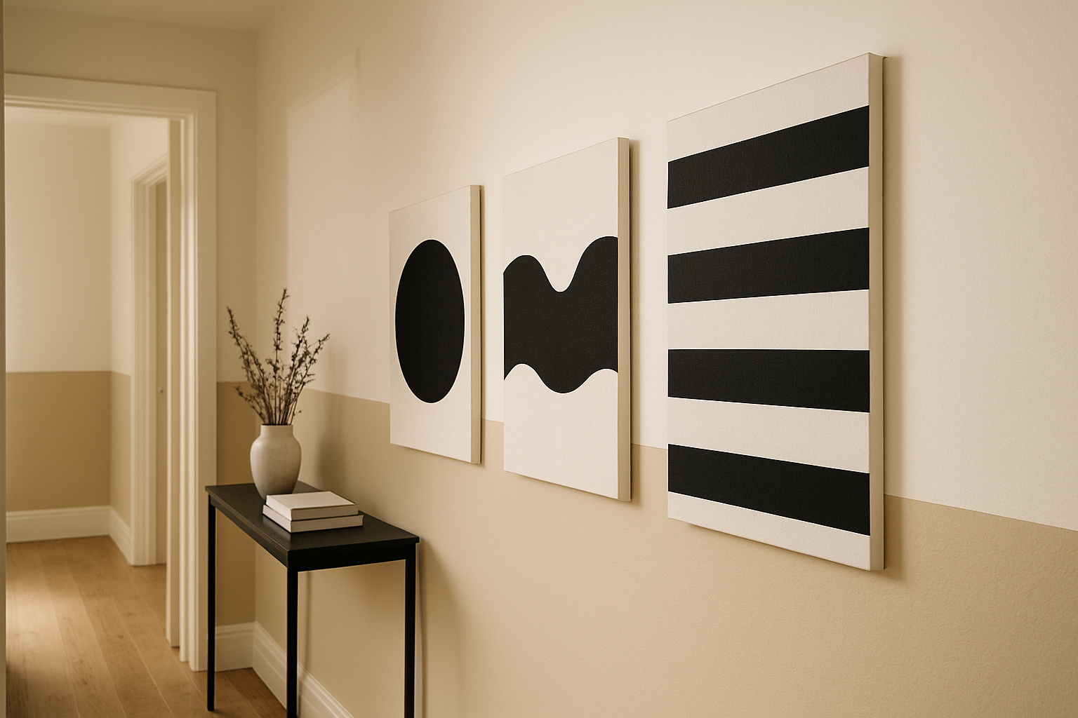 Botanical abstract canvas with soft flowers in a warm, welcoming entryway with sofa and lamp