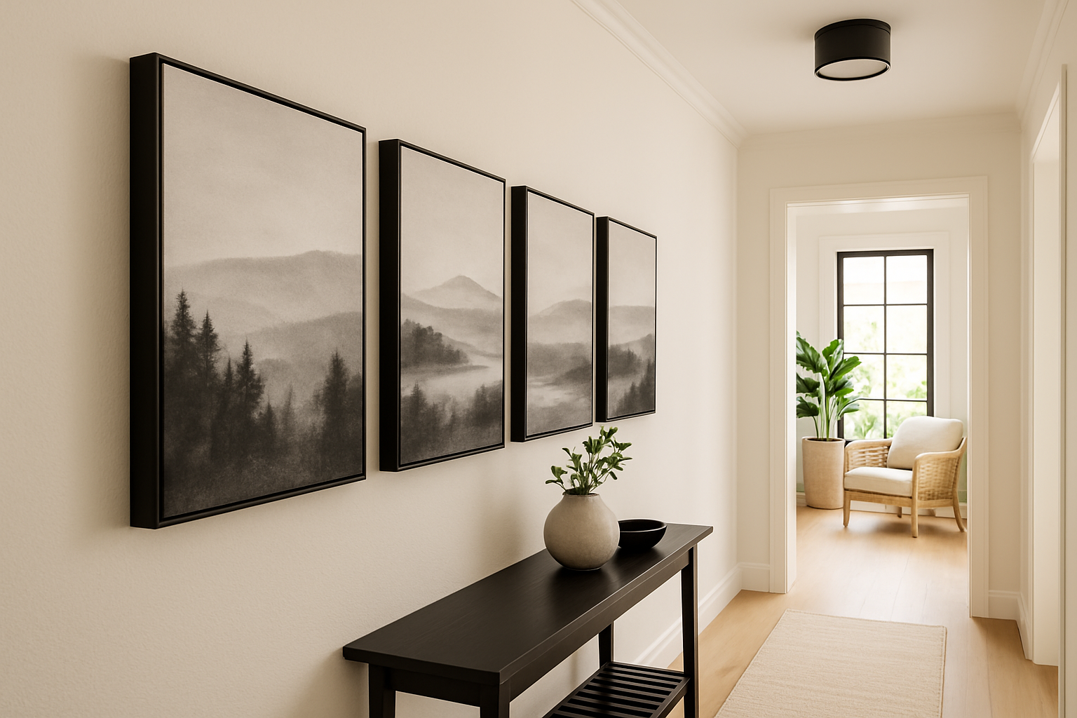Botanical abstract canvas with soft flowers in a warm, welcoming entryway with sofa and lamp
