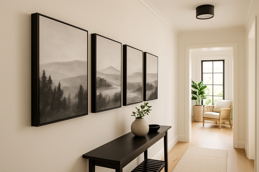 Botanical abstract canvas with soft flowers in a warm, welcoming entryway with sofa and lamp