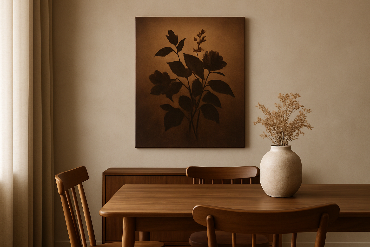 Botanical abstract canvas with soft flowers in a warm, welcoming entryway with sofa and lamp